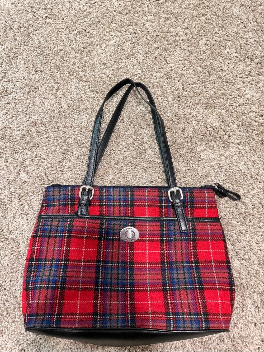 Tommy Hilfiger Red Plaid Shoulder Bag with Black Straps